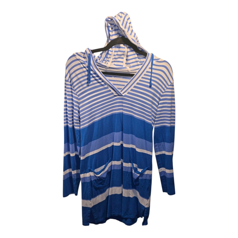 Coolibar Sz. Small Blue/white Stripe Hooded Swim Cover Up
